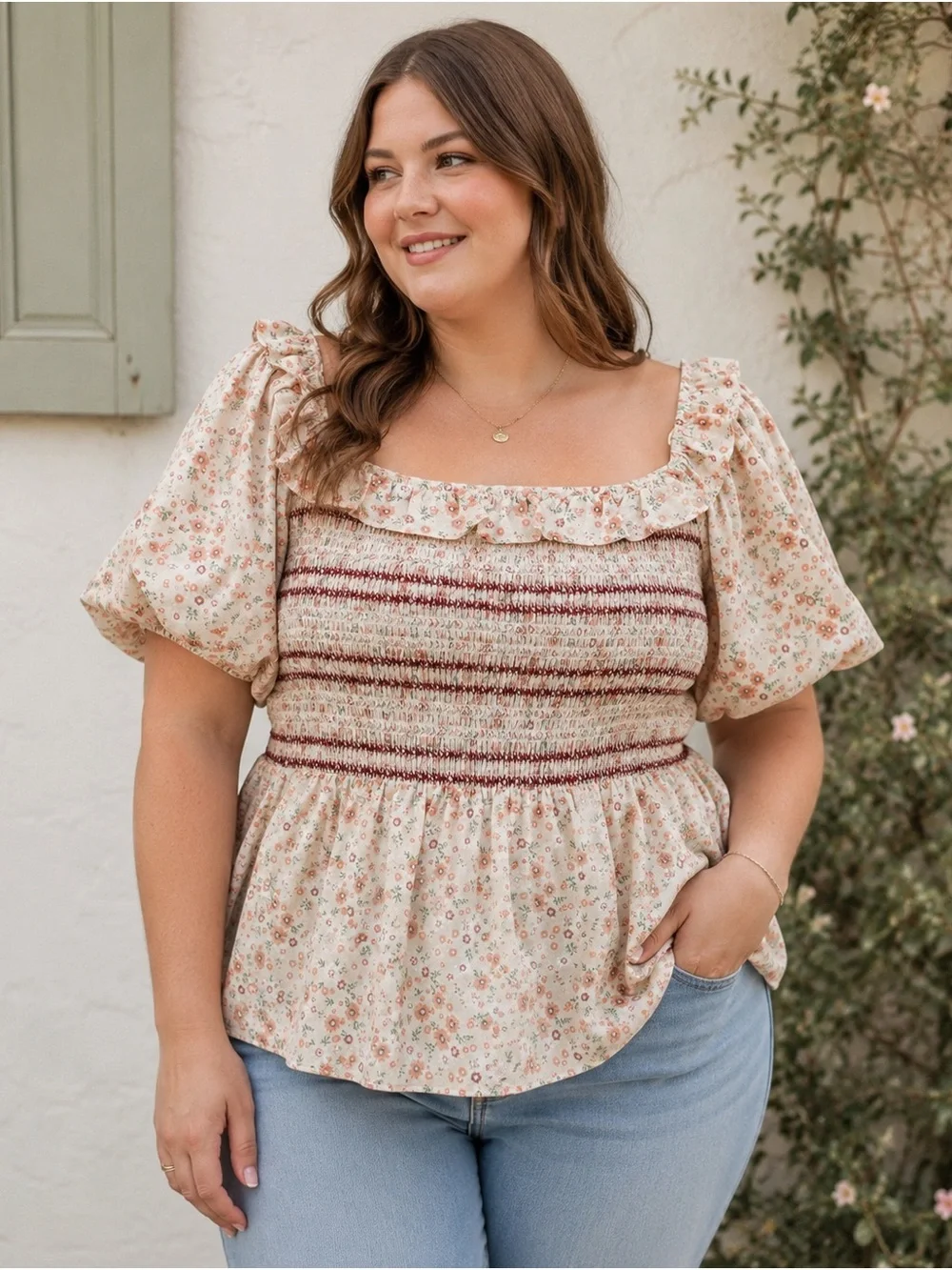 Grace Karin 2XL Floral Smocked Peplum Blouse Cottagecore Ruffle Top